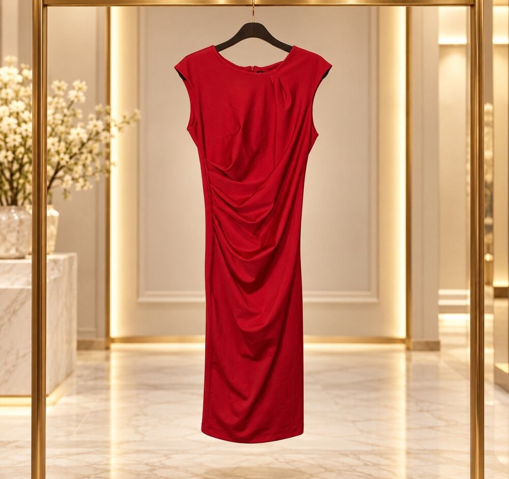 Rinascimento Red Ruched Sheath Dress XL Sleeveless Midi Office Professional Chic